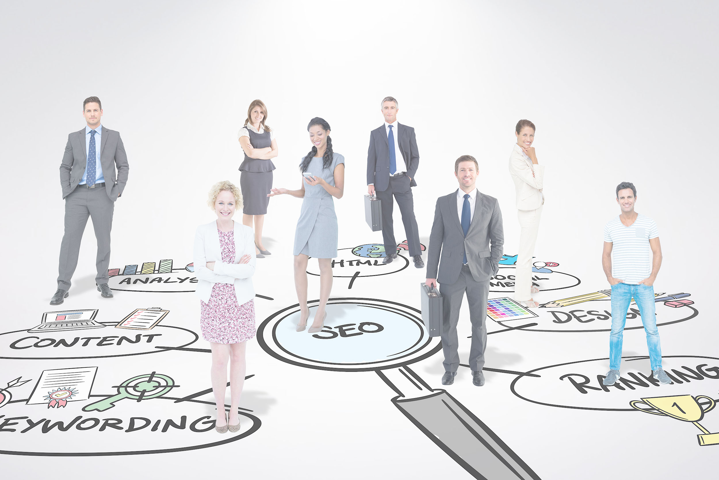 Business team against seo doodle